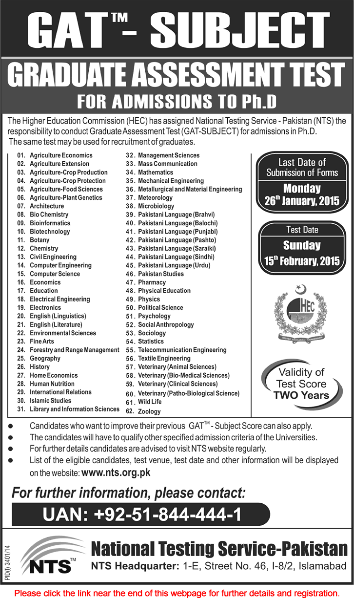 NTS GAT Subject Test Schedule 2015 Application Form Download in Pakistan, The News on 11Jan